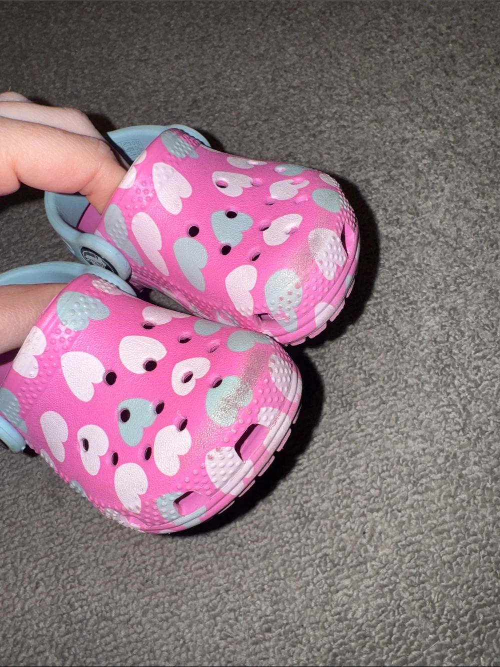CROCS Pink Kids Heart-Print Clogs with Light Blue Trim
